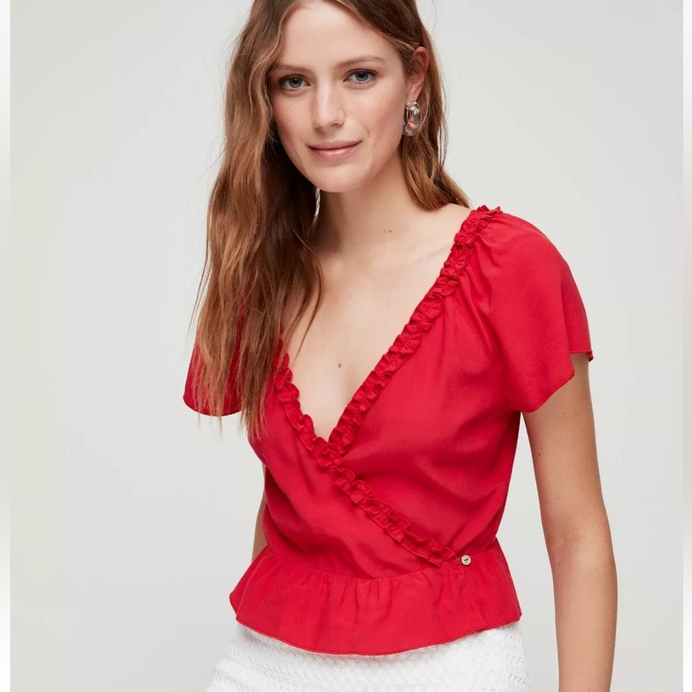 ARITZIA WILFRED Aurelia Ruffle Trim Wrap Front Blouse Goji Berry Red Medium